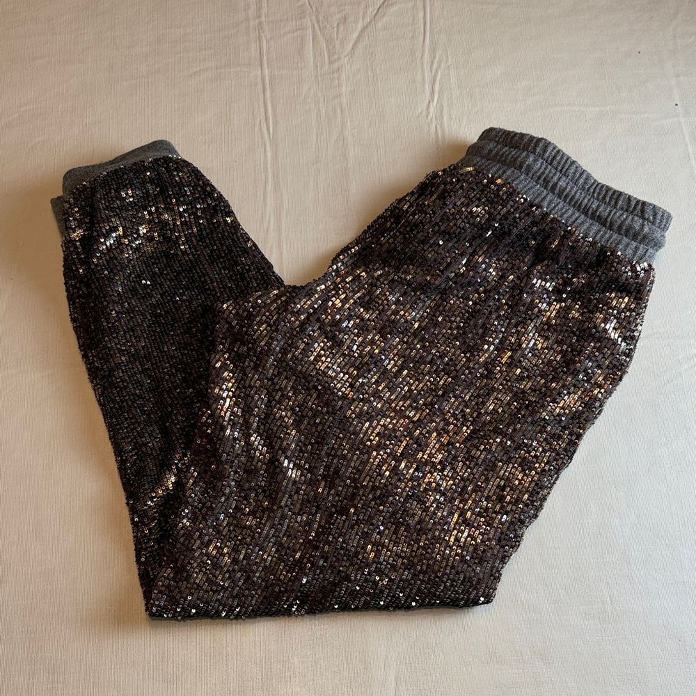 Dolan Women's Brown Grey Sequin Elastic Drawstring Waist Joggers Size S